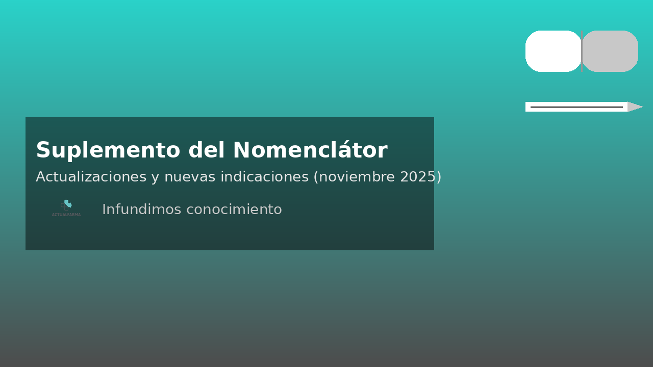 Banner del Suplemento del Nomenclátor: Actualizaciones y nuevas indicaciones (noviembre 2025) con logotipo de Actualfarma